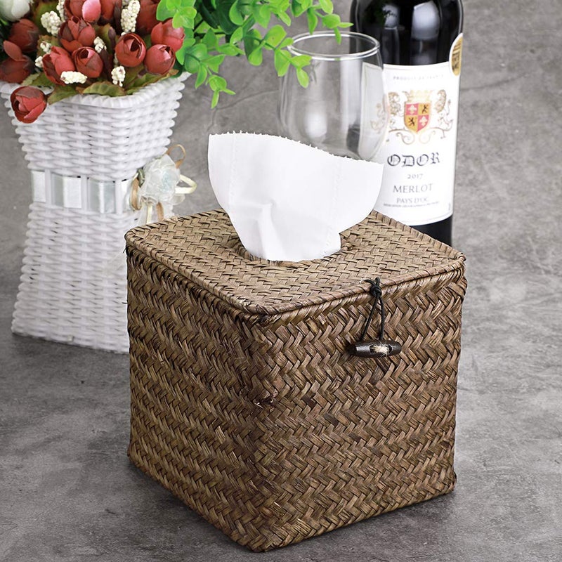Sumnacon Tissue Box Cover Square Seagrass Tissue Box with Lid, Woven Tissue Box Holder Rustic Cube Tissue Cover for Bathroom Toilet Bedroom Living Room Kitchen Table Desk Office Car, Coffee - Image 5